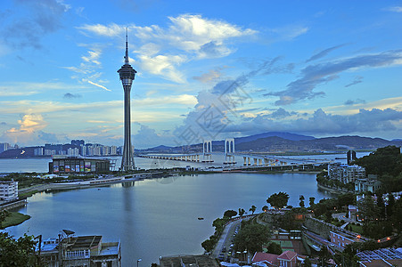 澳门城市风景 有名的蓝色旅游塔台天空反射场景建筑摩天大楼地标天堂景观市中心首都图片