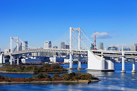 东京湾首都建筑学城市天空蓝色海景电缆交通彩虹场景图片