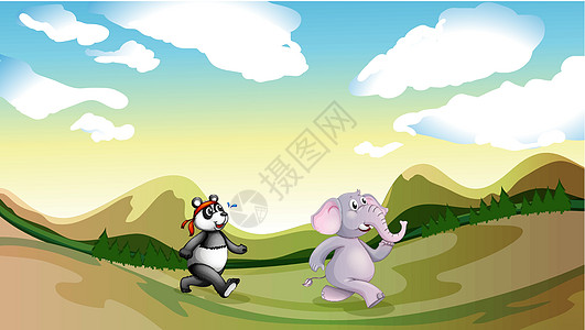 一只熊猫和大象沿着山上行走图片