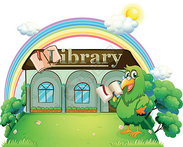 图书馆外的绿色鹦鹉阅读图片