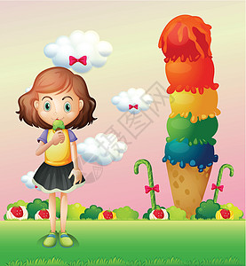 一个女孩在巨大的冰淇淋旁边吃冰淇淋图片