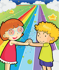 一条充满多彩的道路 一个女孩和一个男孩手牵手图片