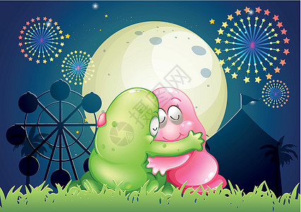 一个粉红和绿色的怪物 拥抱对方在熊面前图片