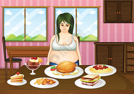 一个年轻的胖女人 在桌子前 与食物图片