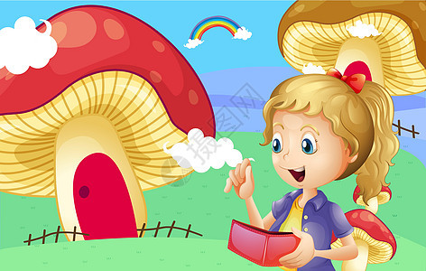 一个女孩拿着钱包 在巨型蘑菇屋附近图片