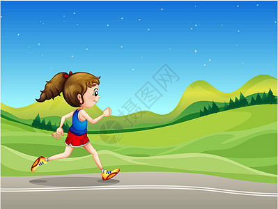一个女孩跑在山丘附近的街上图片