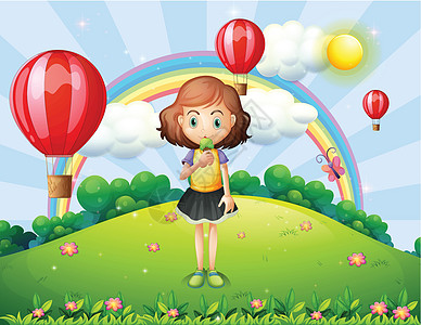 一个女孩在山顶吃冰淇淋 用热气球背景图片