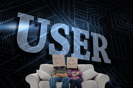 面对未来黑色和蓝色背景的用户Name绘画男性电路板符号团队沙发计算机女性互联网笑脸图片