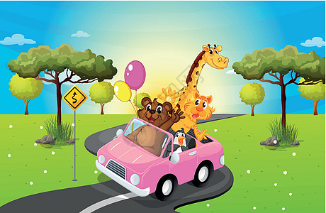 一辆与动物一起旅行的粉色汽车图片