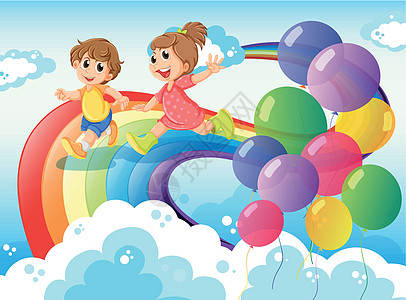 孩子们在天上玩彩虹享受男性空气球形跑步女性玩伴绅士女士紫色图片