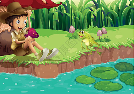 在河岸边 一个男孩和一只青蛙图片