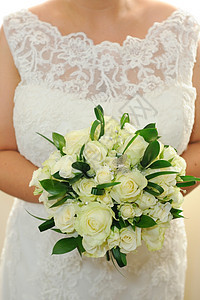 新娘花庆典花束婚姻玫瑰叶子绿色裙子婚礼白色女性图片