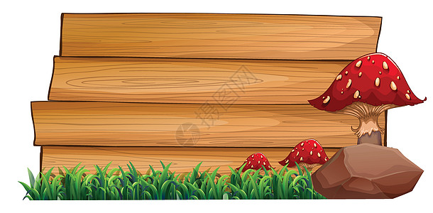 蘑菇后面的木质标志板 绿草A图片