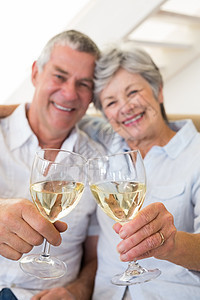 坐在沙发上喝白葡萄酒的老年夫妇微笑成人女性房子女士岁月白酒长椅客厅退休图片