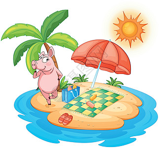 沙滩上有头猪享受夏天图片