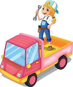 一个女孩站在粉红色卡车上图片