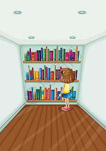 一个年轻女孩在书架前 拿着书本的书棚图片