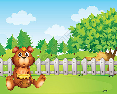 一只熊在栅栏内拿着一壶蜂蜜图片