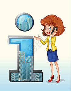 一个女人用手机站在头号符号旁的一号符号旁边图片