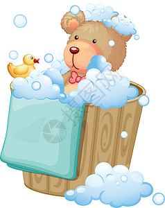 防水膜满是泡泡的桶里有只熊插画