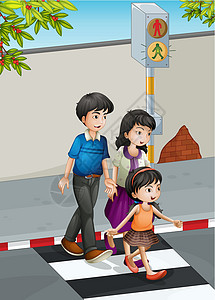跨越街口的家庭插画