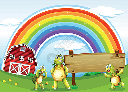 木板和彩虹附近的三只海龟图片