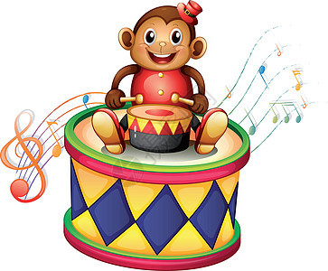 一只猴子在大鼓上方棱镜鼓手卡通片绘画谱号白色哺乳动物音乐家音乐玩具图片