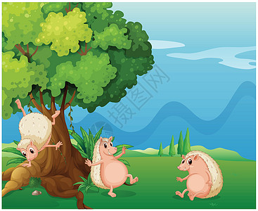 老树旁有三只嬉戏的摩里猪设计图片