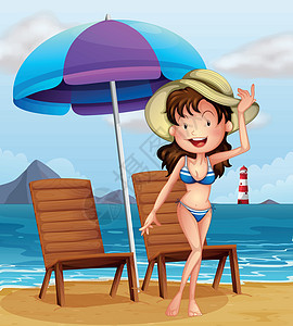 在海滩上穿条纹泳衣的女人绘画卡通片口舌女孩热带剪贴支撑游泳衣椅子比基尼图片