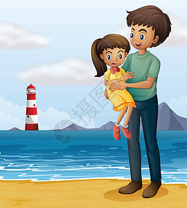 父亲和女儿在海滩上孩子太阳支撑家庭绅士天空条纹言语女士海洋图片