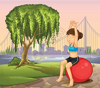 一个女孩在巨树附近 拿着弹跳球锻炼设计图片