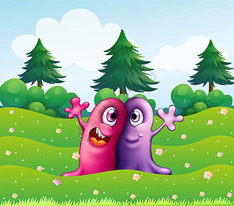 紫色山坡两个可爱的独眼怪物 在松树附近插画