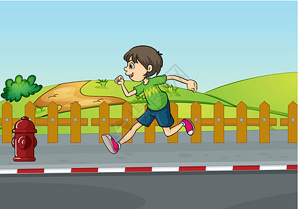 一个男孩奔跑蓝色消防栓男生孩子半裤草地绿色植物男人绘画绿色图片