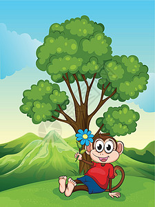 一只在树下坐着花朵的猴子图片