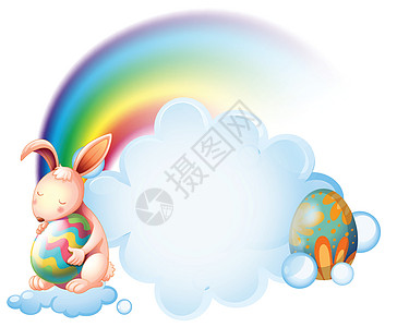 拥抱彩虹一只兔子在彩虹附近抱着一个复活节鸡蛋插画