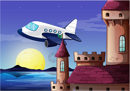 城堡附近一架飞机窗户砖块太阳海洋飞艇阳光绘画天线反射球形背景图片