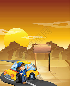 自驾游海报一名男孩在空签牌附近修车设计图片