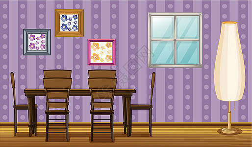 一桌饭桌和一盏灯地面家具桌子紫色风格木头座位窗户椅子绘画图片