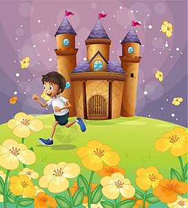 一个在城堡前玩耍的男孩图片