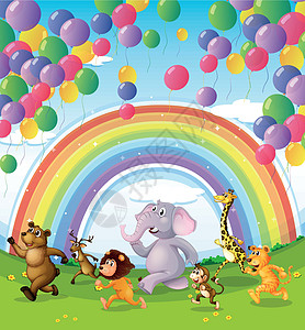 在漂浮气球和彩虹下赛马的动物图片