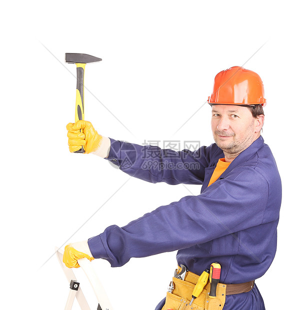 硬帽工人握着锤子帽子蓝色机械男人工业红色劳动橙子身体建筑图片