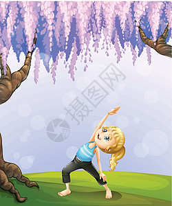 一个女孩在巨树附近运动健康分支机构山坡山顶女性爬坡坡度绘画孩子蓝色图片