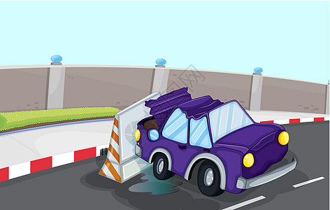 一辆紫色的汽车撞上路上的交通锥图片