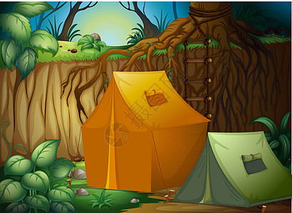 树林中的帐篷营地庇护所悬崖卡通片天空丛林小路绿色植物叶子池塘帆布图片