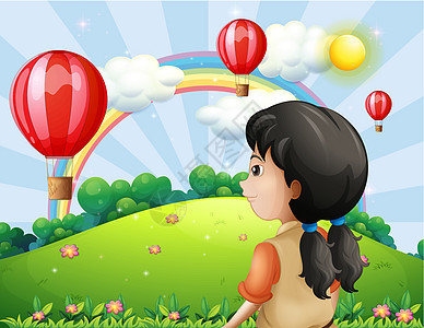一个女孩在看热气球背景图片