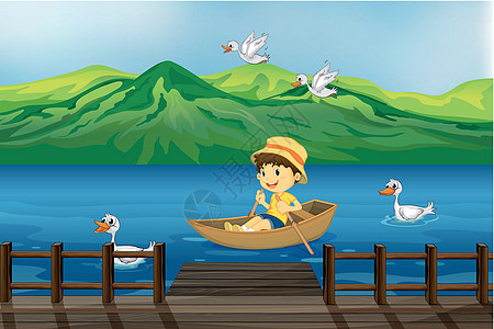 一个男孩骑在木船上图片