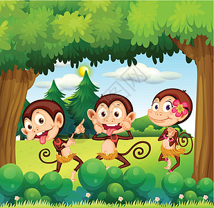 三只猴子在森林里跳舞灌木丛松树动画片绘画戏服杂草森林阴影木头动物图片