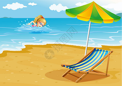 一个女孩在沙滩游泳 椅子和雨伞在海滩上图片