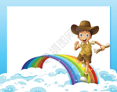 一个空的模板和一个男孩在彩虹上跑 带着一个Scro图片