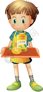 一个男孩拿着芒果汁的托盘图片